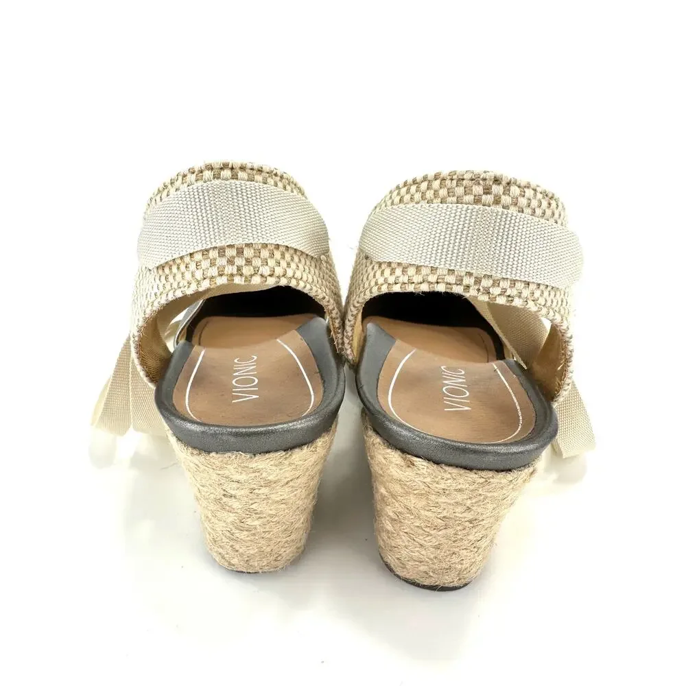 Vionic Maris Wedge Sandal Size 9/41 Gray/Pewter Leather Espadrille Closed Toe